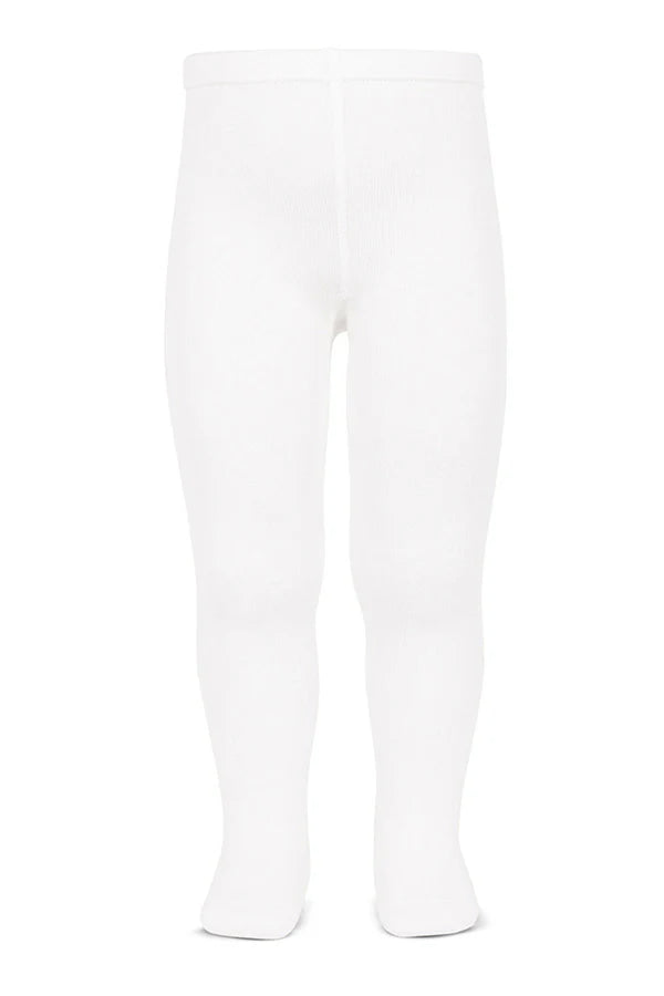 Collant blanc épais en coton chaud pour bébé fille. Idéal à porter avec une robe de cérémonie bébé blanche. Photo du collant porté.