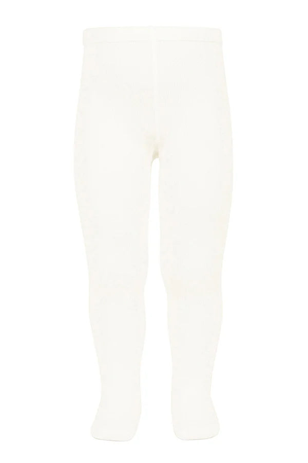 Collant épais en coton chaud blanc cassé pour bébé fille. Idéal à porter avec une robe de cérémonie bébé blanc cassé. Photo du collant porté.