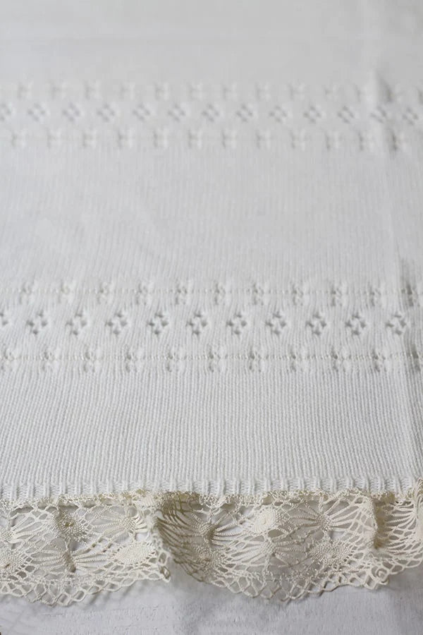 Couverture bébé pour cérémonie ou baptême en lainage blanc cassé, avec motifs ajourés et large galon de dentelle. Gros plan sur dentelle.